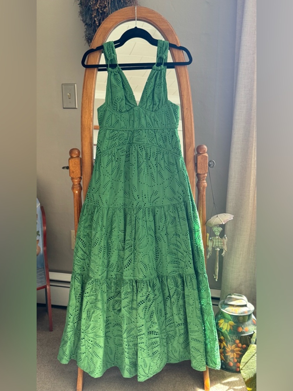 FARM Rio Green Monstera Corset Tiered Maxi Dress